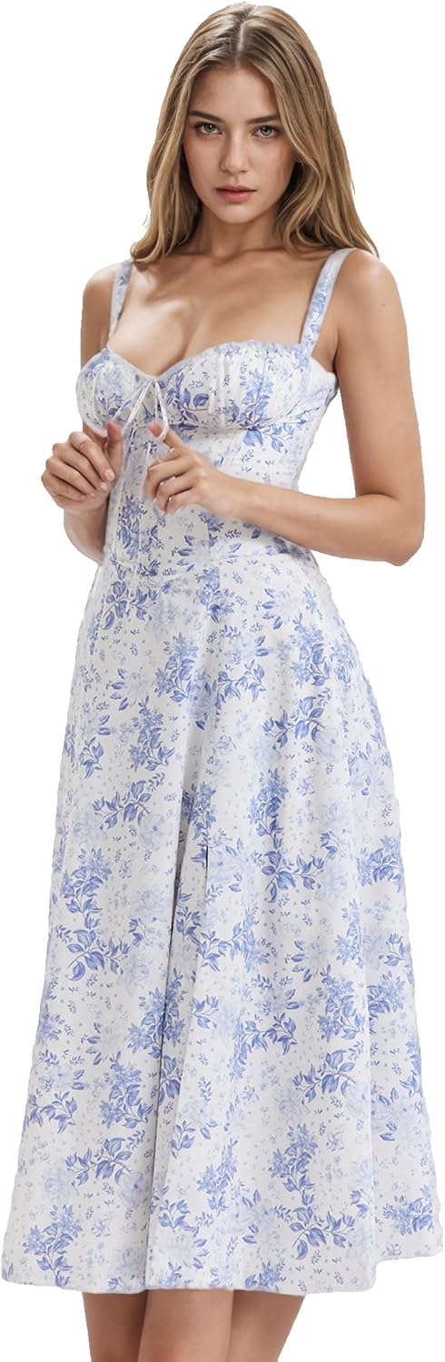 EFOGEP Women Floral Corset Dress, Boho Summer Spaghetti Straps Square Neck Casual Midi Dress Flowy Slit Bustier Dresses