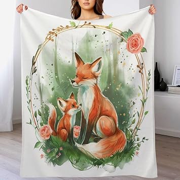 Red Fox Flannel Throw Blanket, Soft Cozy Warm Fleece Forest Animal Tree Grass Rose Floral Watercolor Blanket for Couch Sofa Bed, 30x40 Inch