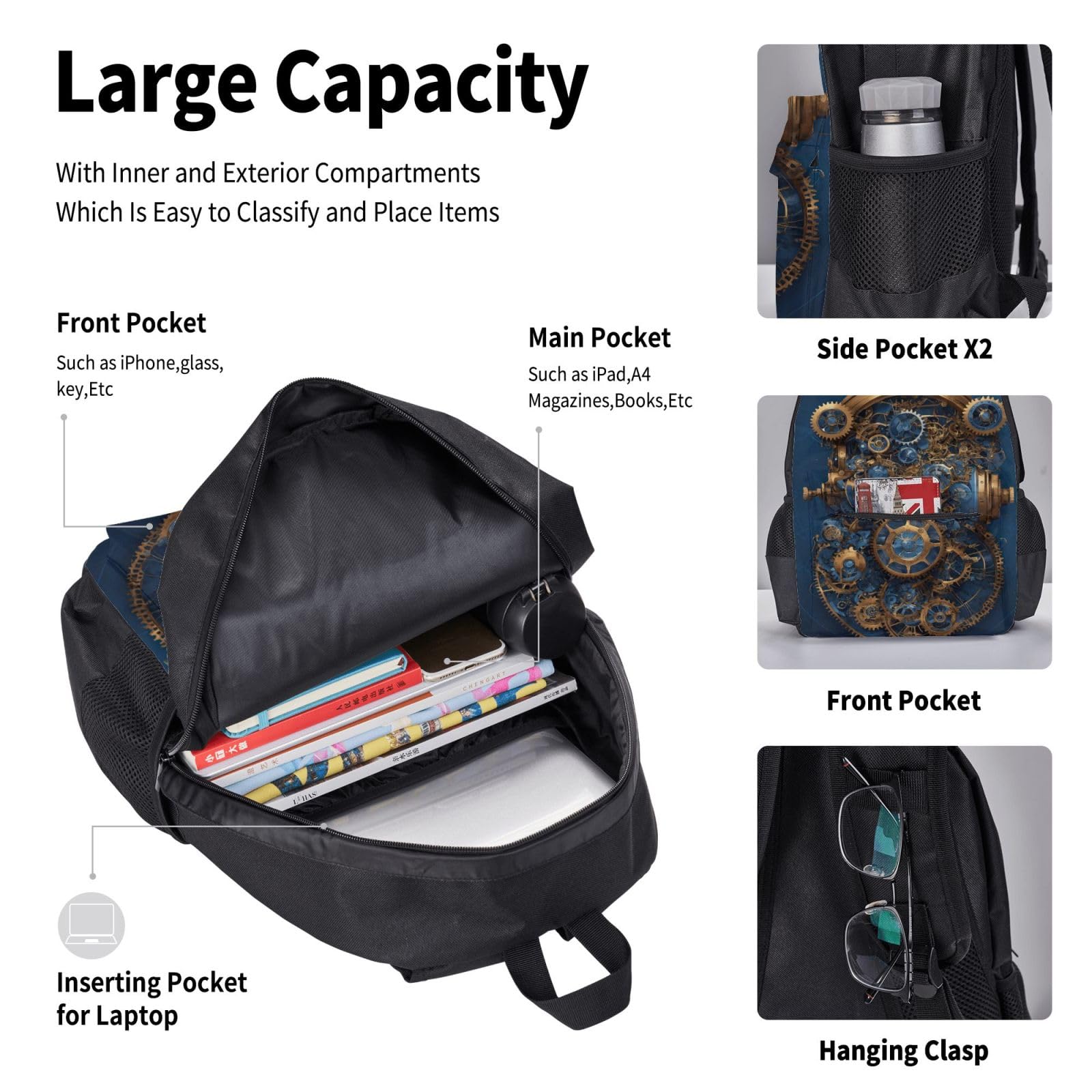 Zaino, borsa portapranzo, astuccio, set da 3 pezzi, per lavoro e