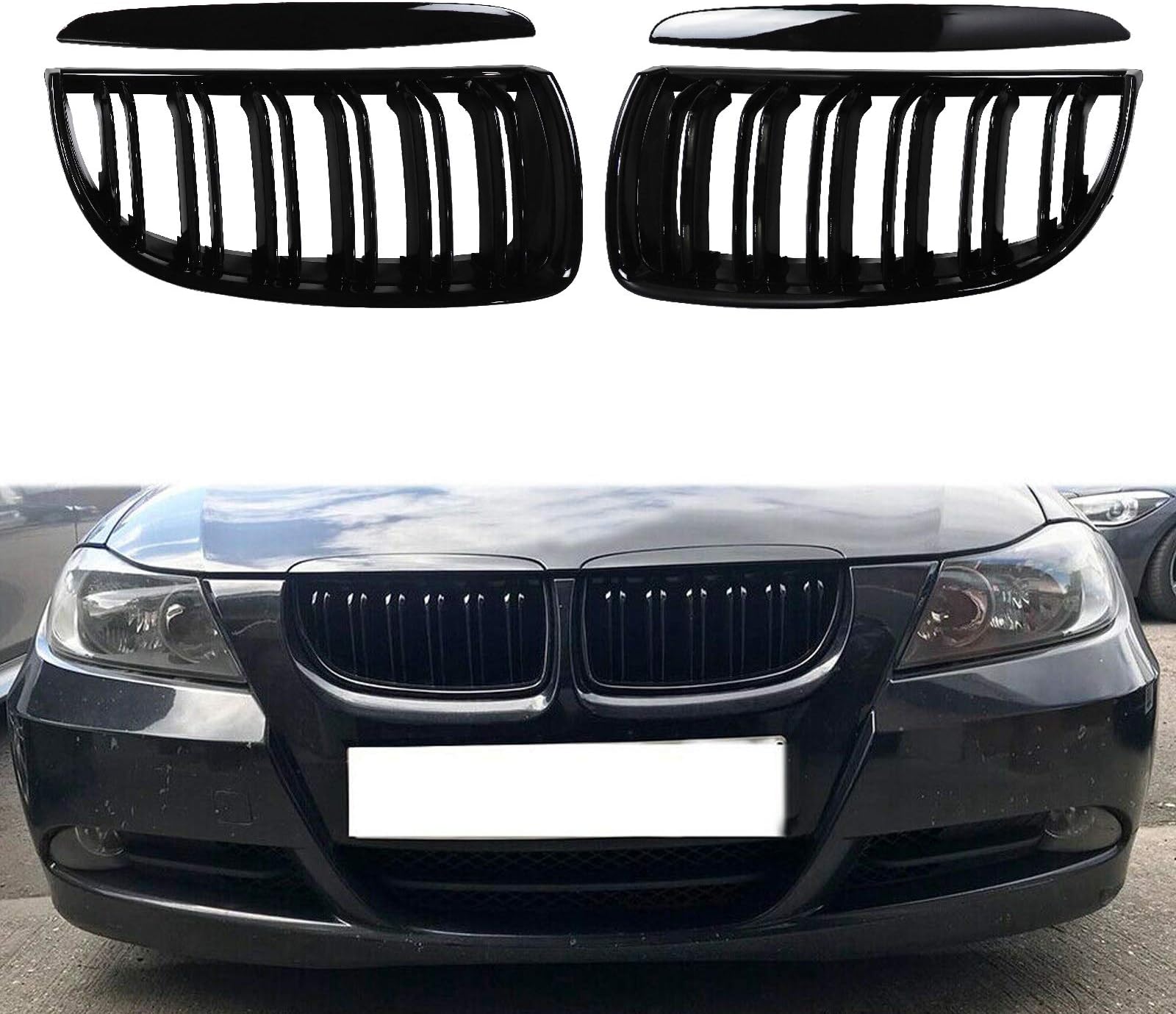 E90 Grille Front Kidney Grill Compatible with BMW 3 Series E90 E91 2005-2008, Double Slats & Gloss Black Kidney Grille