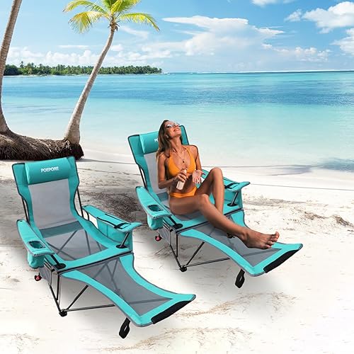 Miniatura 2 de POEPORE Paquete de 2 sillas reclinables de camping de 4 posiciones con reposapiés, cómoda para adultos, silla de playa plegable de malla de 265
