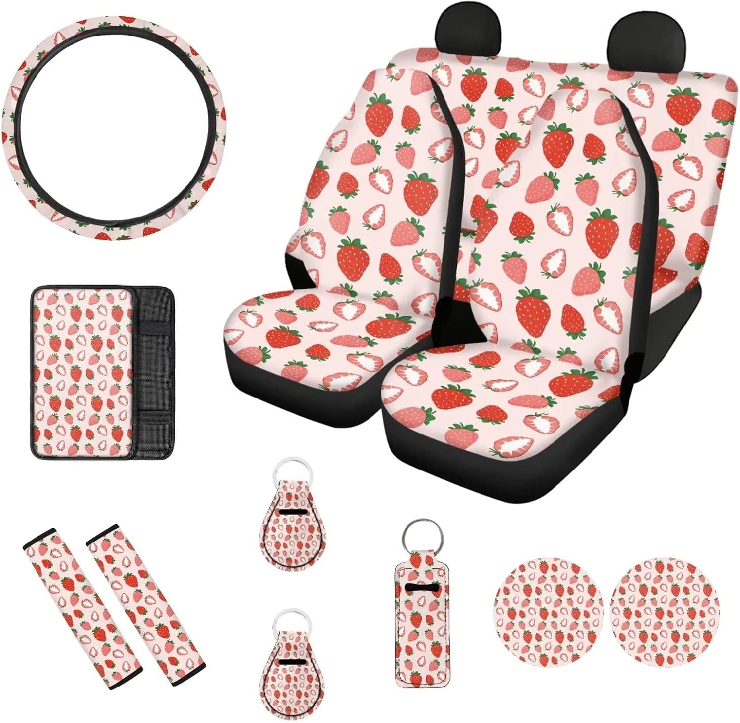 Biyejit Chicken Rooster Car Accessories Skull Car Seat Covers Full Set for Women with Steering Wheel Cover Seat Belt Cover Console Armrest Pad Coaster Keychains, Set of 13 Car Decor for Most Cars