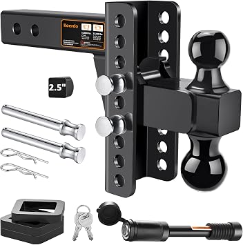 Adjustable Trailer Hitch Fits 2.5" Receiver, Drop Hitch & Tow Hitch with 6-Inch Drop/Rise, 2" & 2-5/16" Dual Ball Hitches for Trucks, 22,000 lbs GTW, Trailer Hitches with Anti-Theft Pin, Black