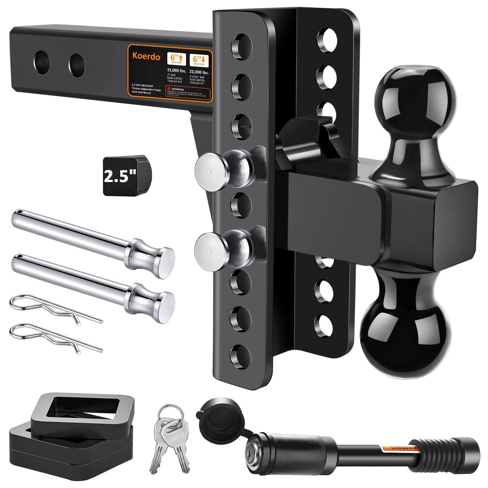 Photo 1 of Adjustable Trailer Hitch Fits 2.5" Receiver, Drop Hitch & Tow Hitch with 6-Inch Drop/Rise, 2" & 2-5/16" Dual Ball Hitches for Trucks, 22,000 lbs GTW, Trailer Hitches with Anti-Theft Pin, Black
