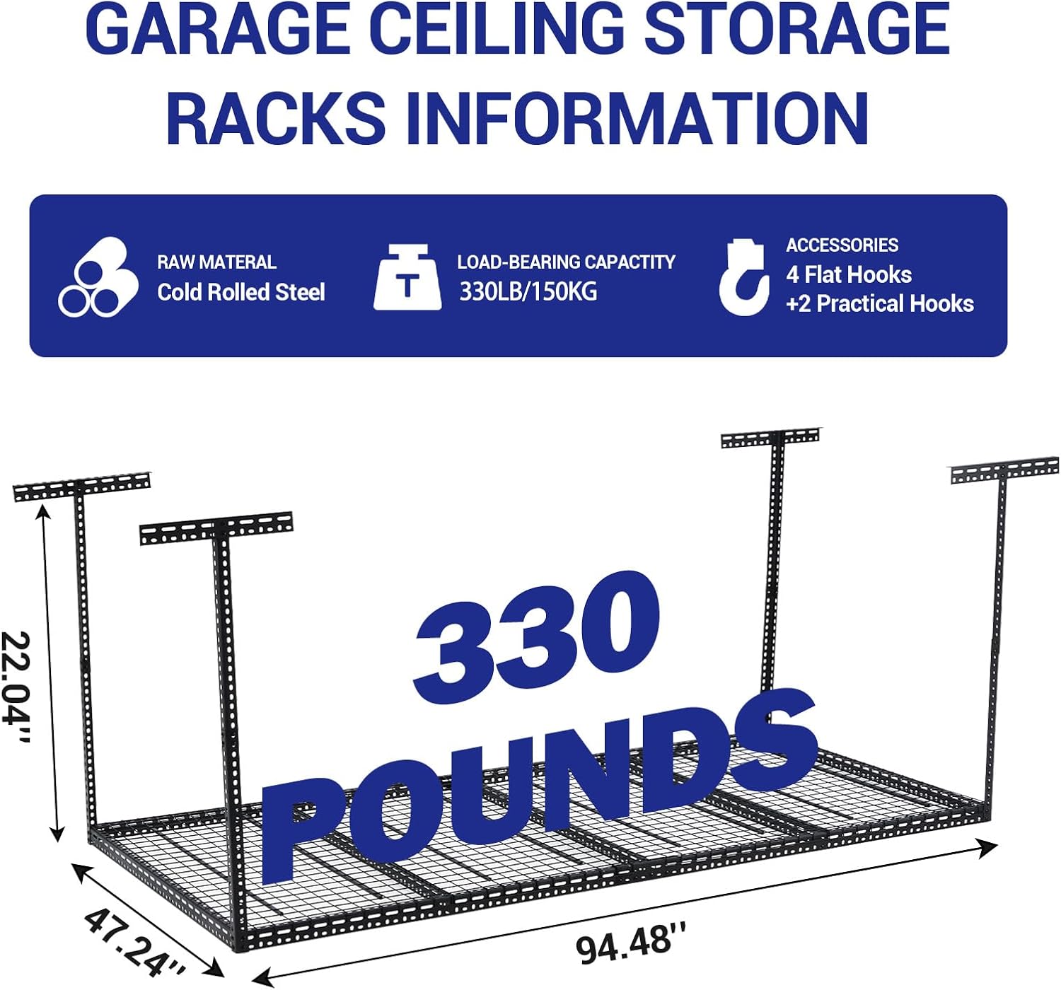 GarveeTech 4x8 FT Overhead Garage Storage Rack, 22"-40" Height Adjustable Ceiling Storage Rack 330lbs Weight Capacity, Heavy Duty Metal Hanging Storage Shelves for Garage (Black, Vertical Post x 4)