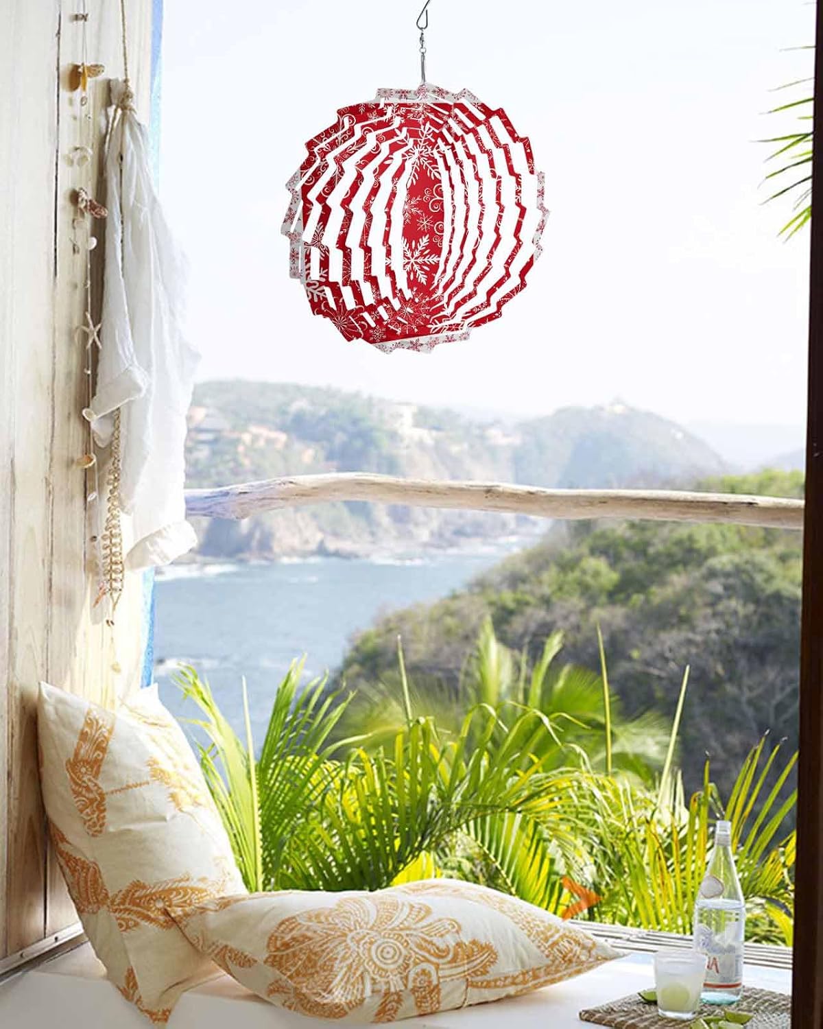Christmas Snowflakes Wind Spinner 3D Stainless Steel, 12 in Sun Shape Double Sided Circle Hanging Wind Spinners, Red Geometric Snowflake Garden Art Wind Sculpture for Yard Porch Front Door