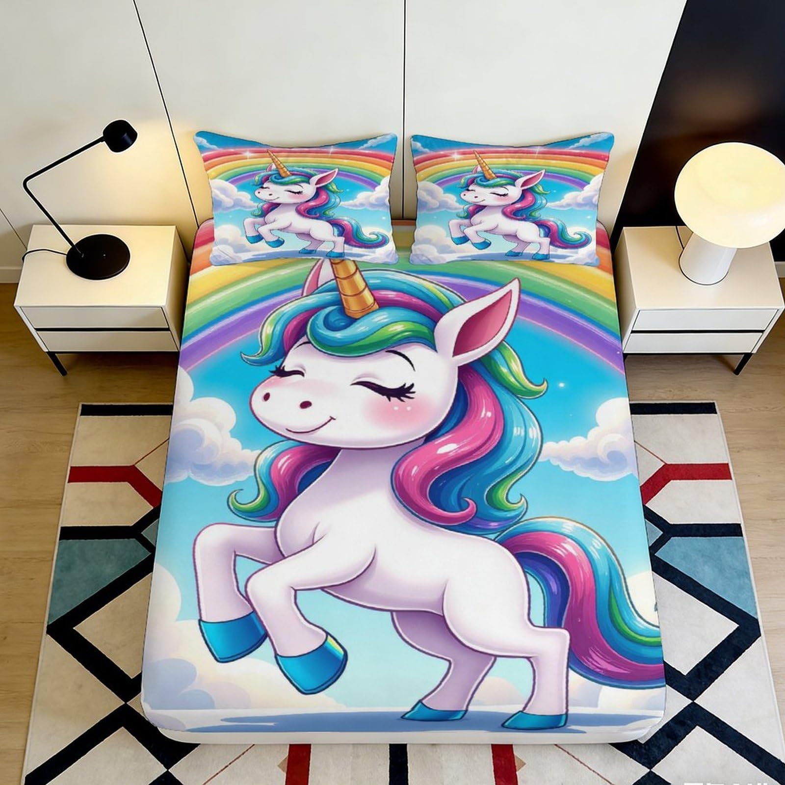 Uynsixtme Style-10 3D Printed Unicorn Fitted Sheet Microfiber Deep Pocket Non-Slip Unicorn Mattress Fitted Cover Full Wrap Bedroom Bedding 200X200x25cm