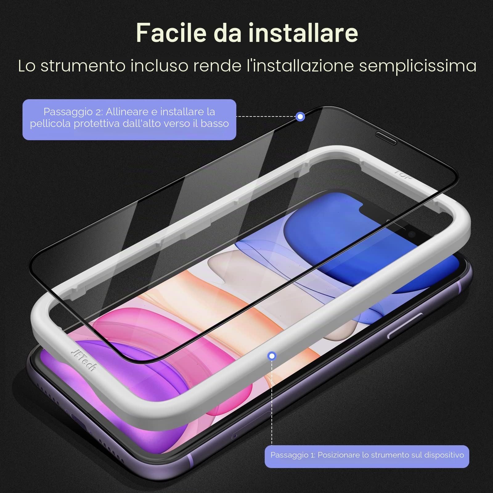 JETech Pellicola Protettiva a Copertura Totale per iPhone 11/XR 6,1 Pollici, Bordo Nero, Vetro Temperato Film con Strumento di Installazione Facile, Compatibile con Cover, HD Chiaro, Pacco da 3