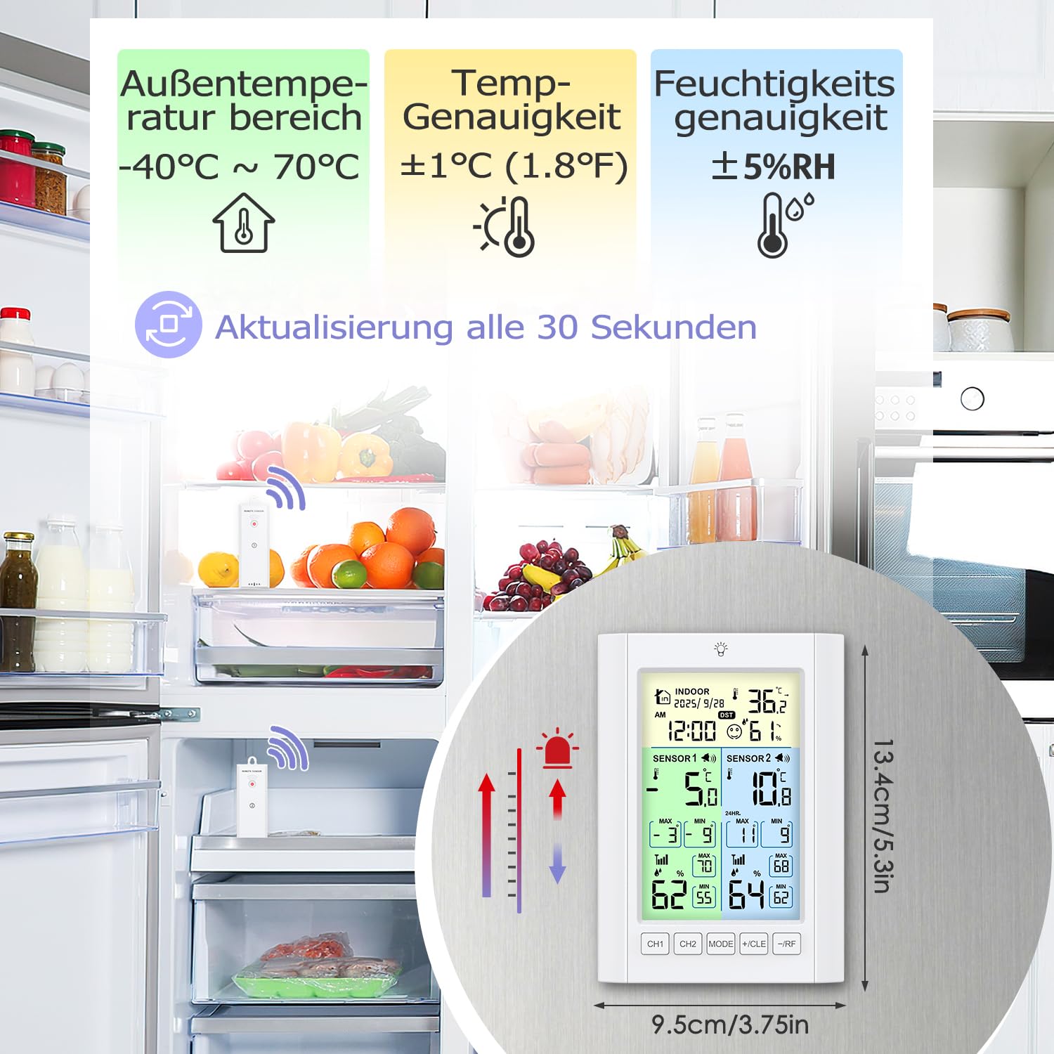 Termometro digitale per frigorifero, termometro per congelatore con 2 sensori, schermo a colori LCD con allarme, luce di fondo, max/min, calendario del tempo, DST, ℃/℉, modalità doppia