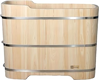 Premium Japanese Wooden Bath Tub – Natural Hinoki Wood with Copper Drain and Adjustable Steel Bands for Relaxation (Natural wood color - no lid, 47.2 inches)