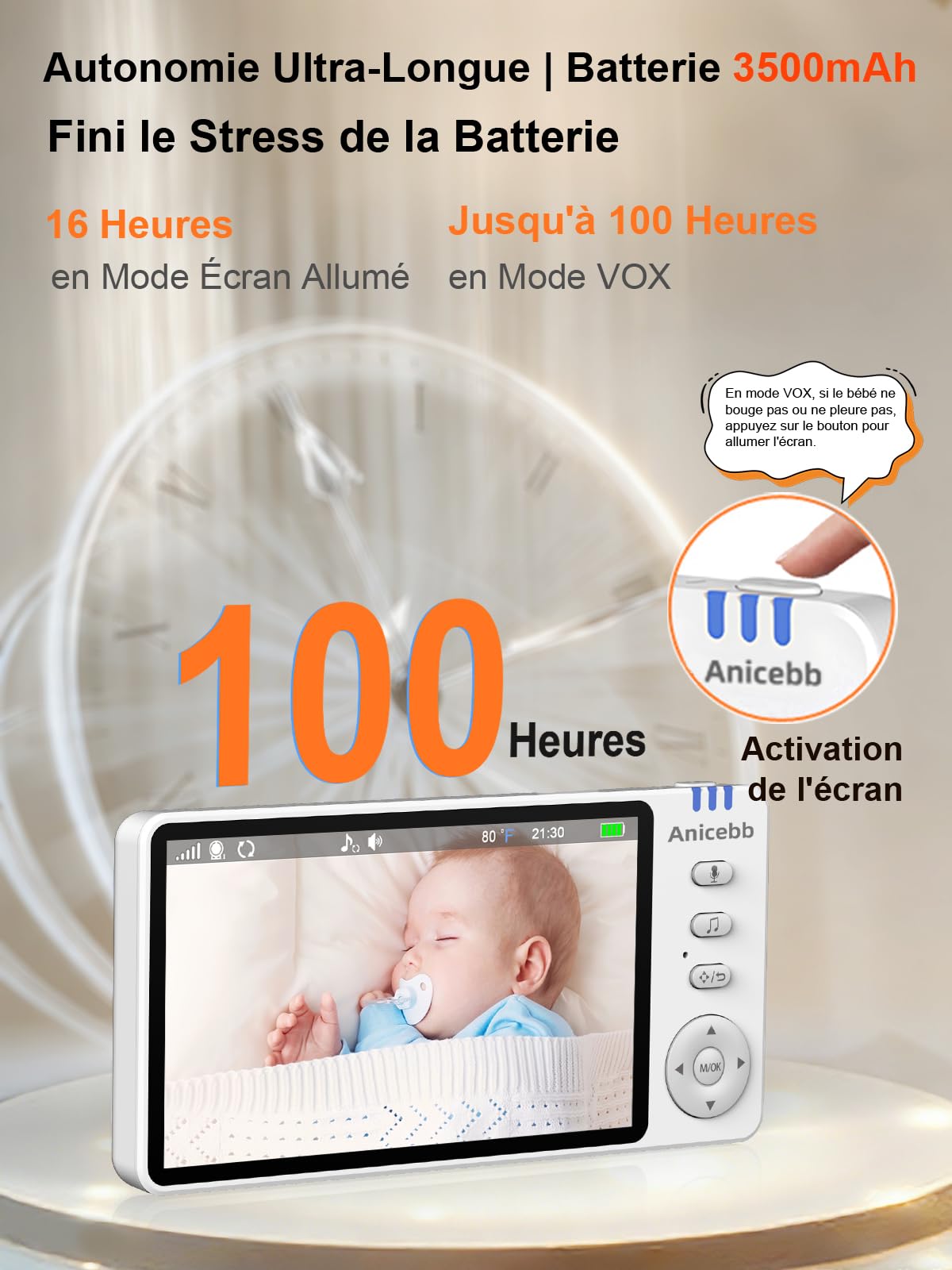 Babyphone Caméra Vidéo 5" HD sans WiFi, Surveillance Bébé PTZ 355° Zoom 4X, Portée 300m, Mode VOX 100 H Autonomie, Vision Nocturne, Audio Bidirectionnel, Alertes Température et Pleurs