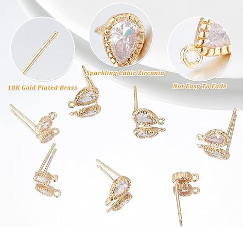 Miniatura 3 de CREATCABIN 1 caja de 12 aretes de latón chapados en oro de 18 quilates de 2 tamaños, aretes de tuerca de circonita cúbica con anillos de salto de