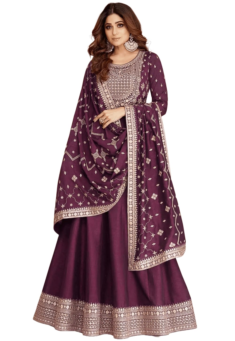 Omkar Tex's Dark Purple Anarkali Gown With Dupatta Set for Women, Free Size, Chinnon Fabric, Ethnic Wear-picture-47