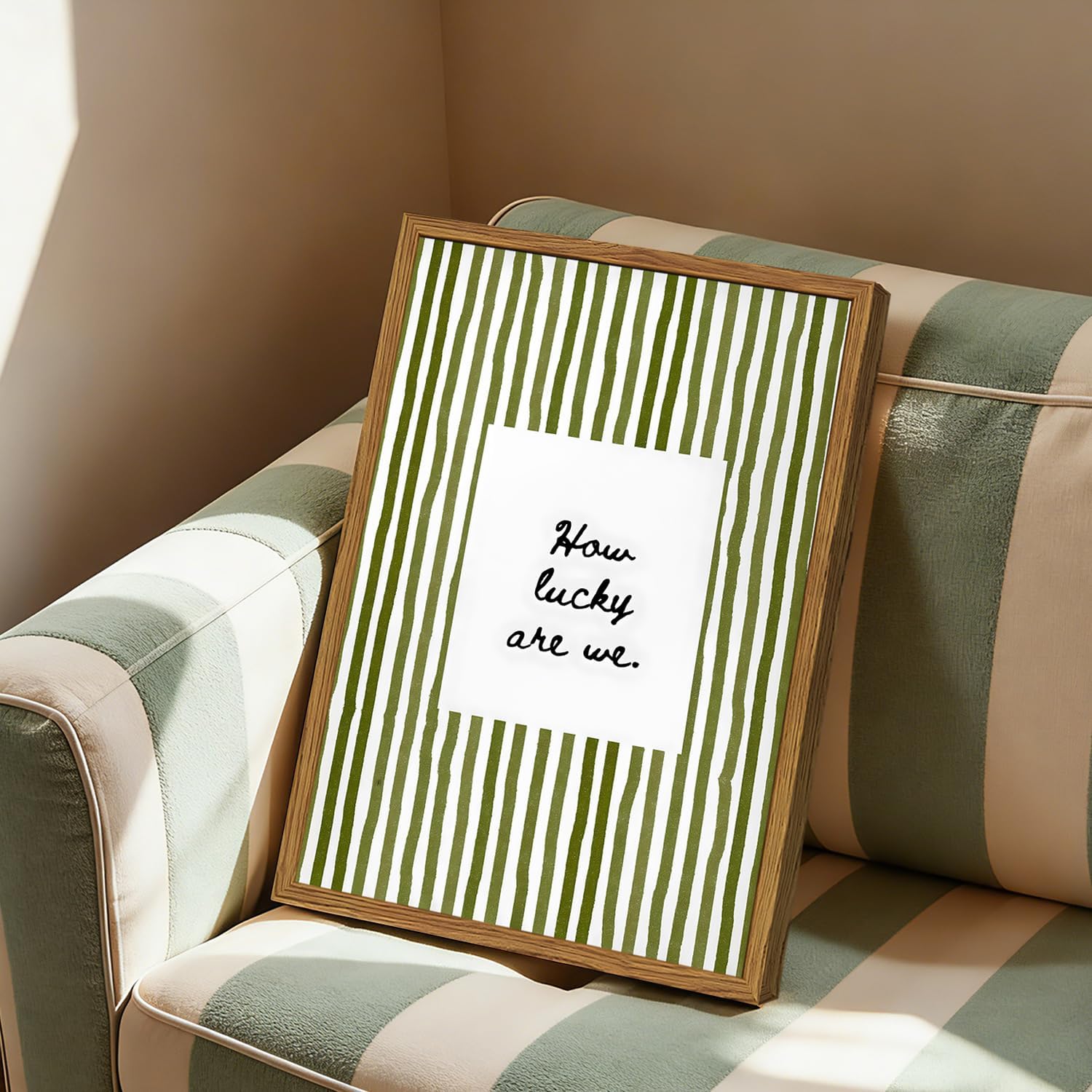 Framed How Lucky Are We Wall Art, Green Striped Pictures Wall Decor, Trendy Inspirational Quote Paintings Canvas Prints Preppy Home Decor for Living Room Bedroom Office Dorm 12x16 inch