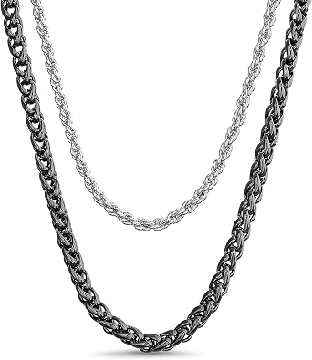 True Religion Double Row Wheat Rope Chain Necklace for Men Black Rhodium Plated Brass