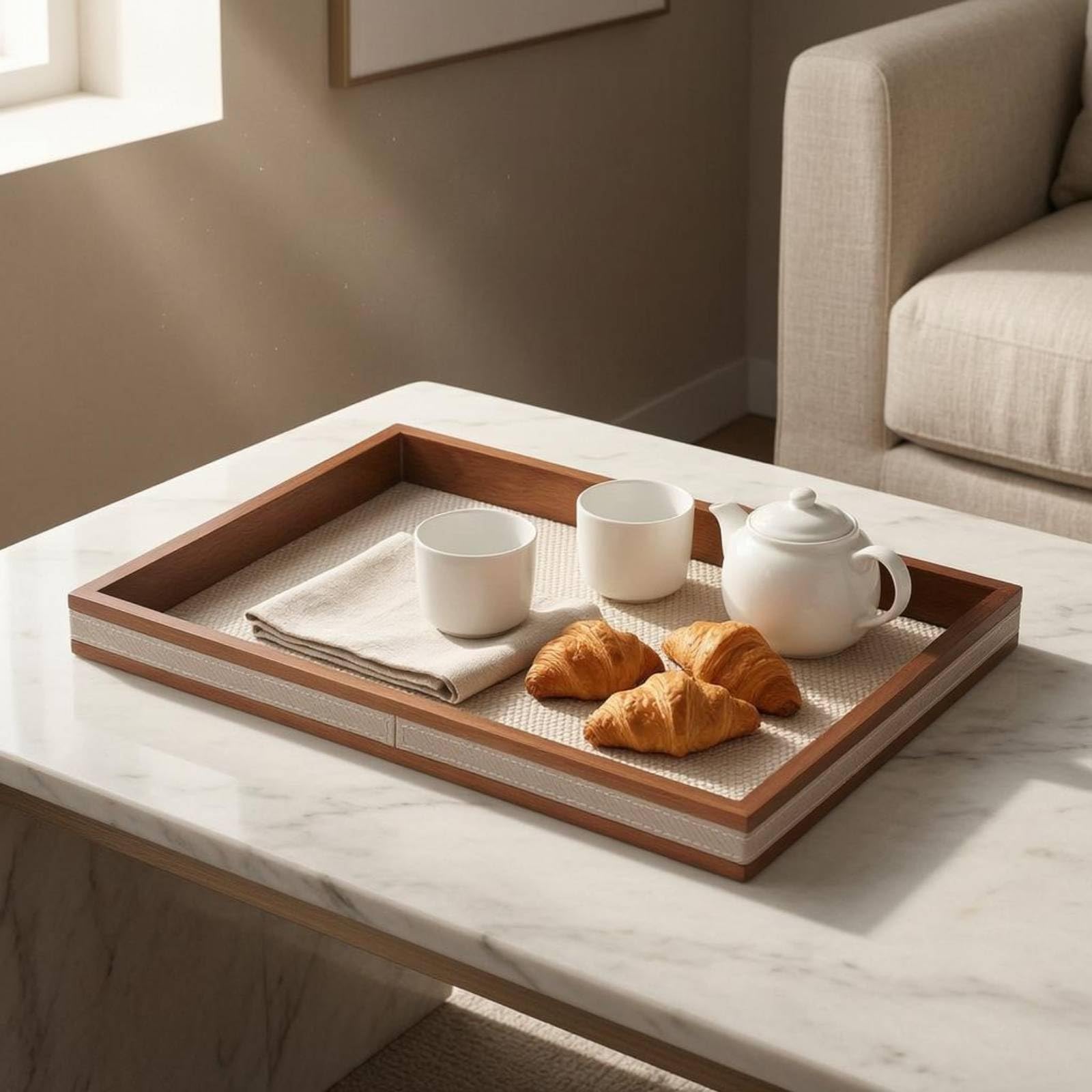 Sharplace Bandeja de Servicio Rectangular Bandeja Organizadora de Mesa Bandeja de Madera PU con Bordes y Fácil Transporte Adecuada para Servir Frutas Brunch Encimera Comedor Estudio, Negro