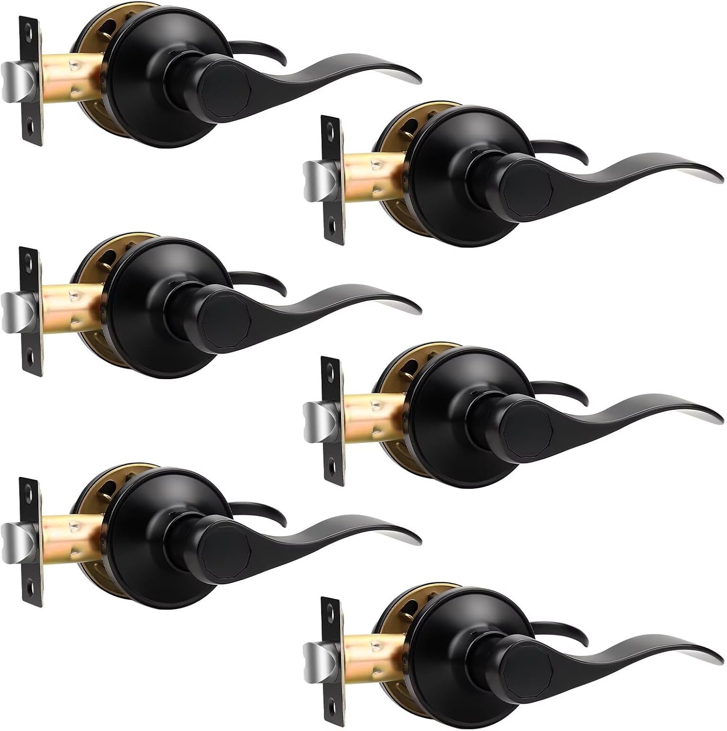 Knobonly 6 Pack Passage Door Handles Interior, Hallway Closet Door Leverset Matte Black Finish Stainless Steel, Keyless Door Handle Sets