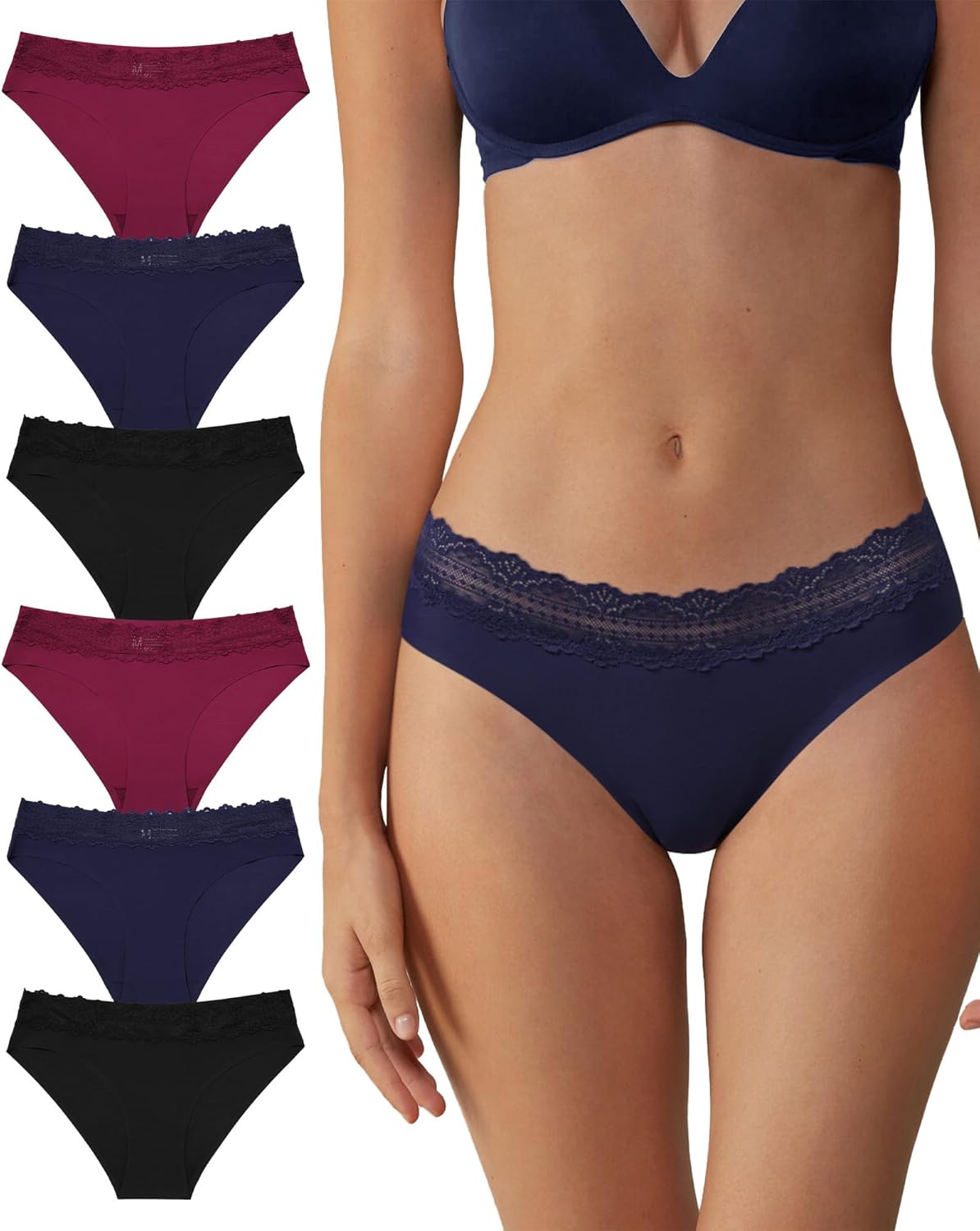 Aijolen Seamless Underwear for Women No Show Bikini Panties Lace Cheeky Hipster 6 Pack S-XL