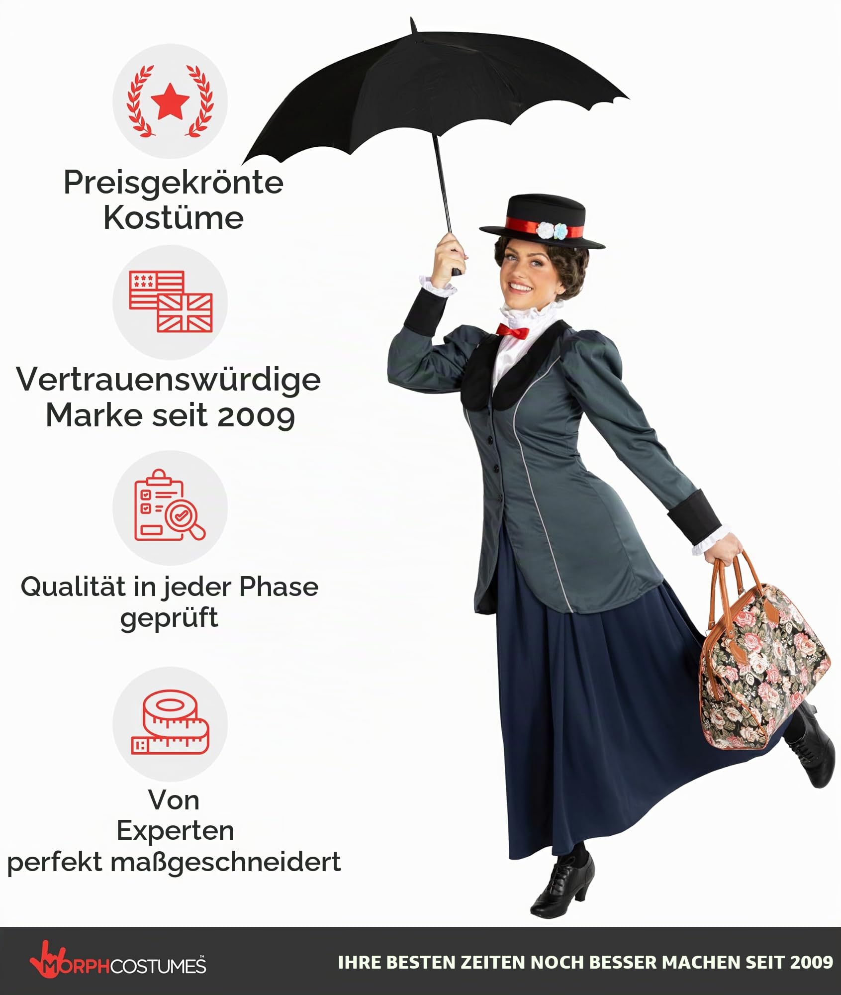 Morph Englisches Nanny Kostüm Damen, Kostüm Nanny, Film Charaktere Kostüm Damen, Karneval Kostüm Damen