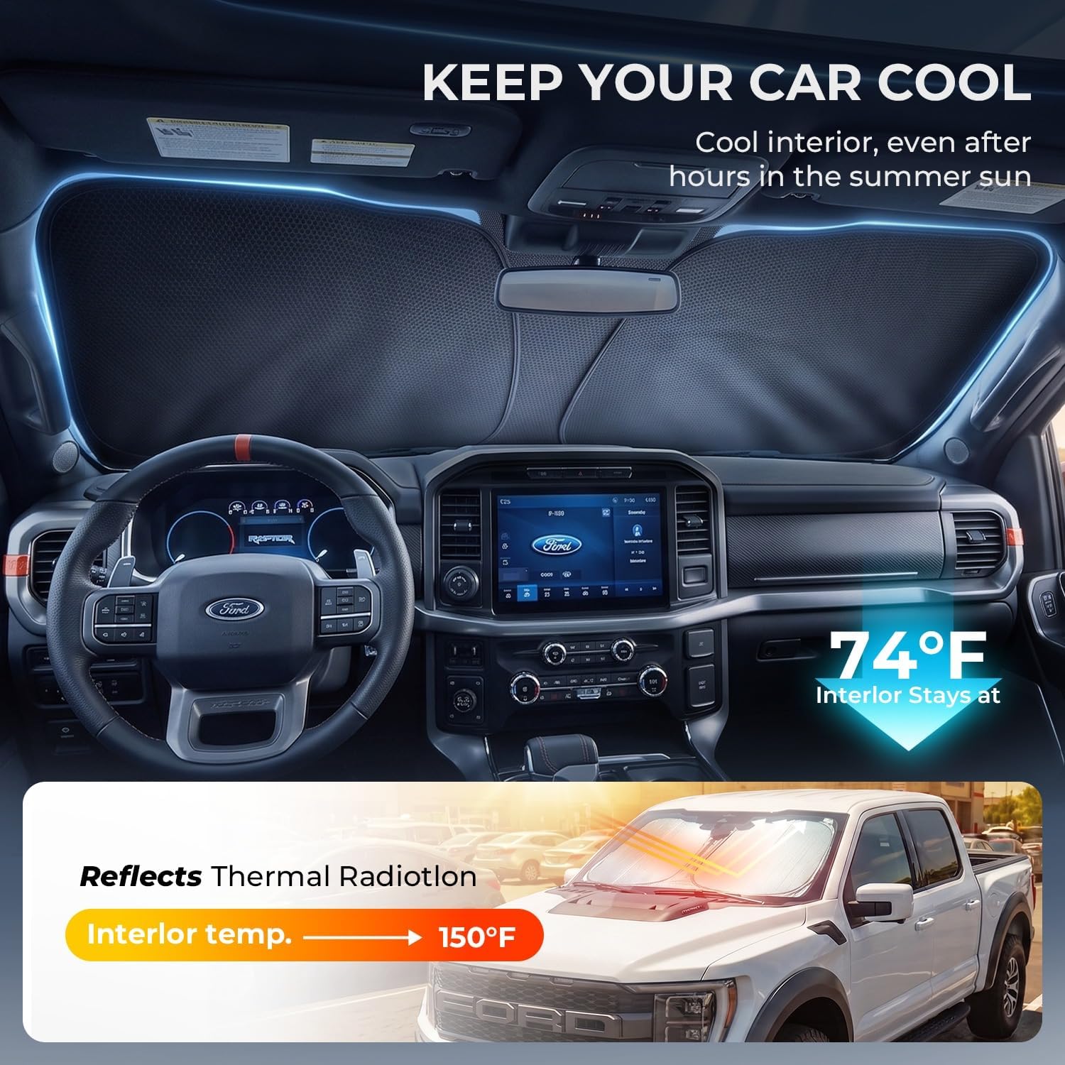 [2026 Upgraded] DooGooCoo Windshield Sun Shade for RAM 1500 2500 3500 2009-2017 2018 [Cooling Ice-Crystal, 100% Sun Block] Car Sun Shade Windshield for Truck RAM 1500 Sun Shade, Custom for RAM Front.