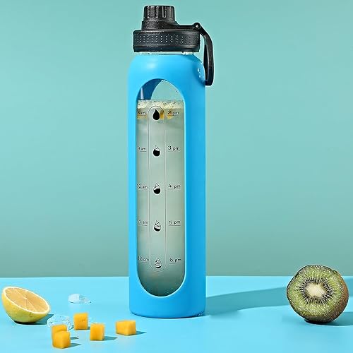 Miniatura 8 de GIEMIT Botellas de agua de vidrio de 32 onzas con funda de silicona, botellas de hidratación para beber, reutilizables, borosilicato, boca ancha,