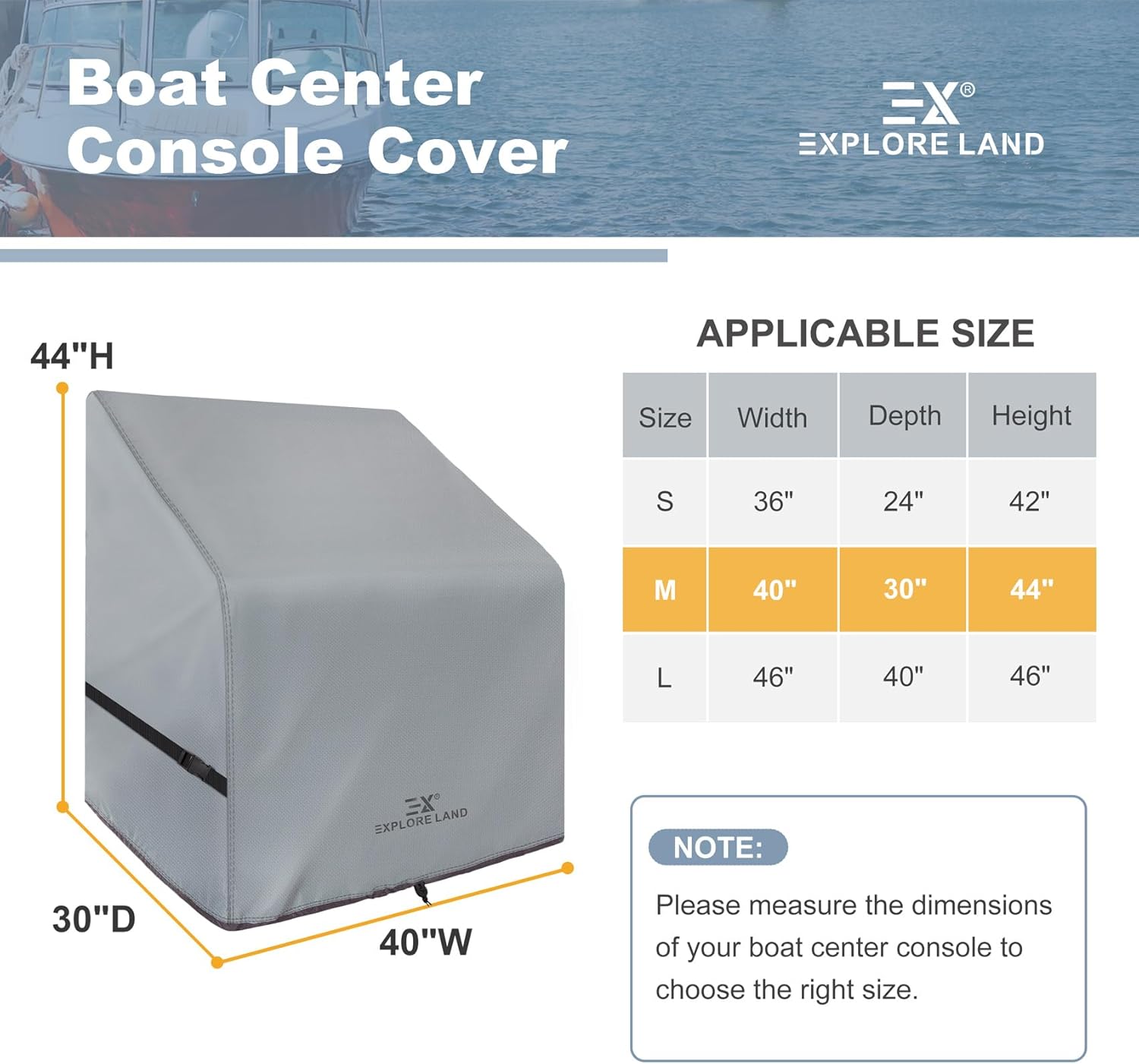 Explore Land Waterproof Boat Center Console Cover Fade Resistant 600D Marine Grade Fabirc Size up to 40"W x 30"D x 44"H, Grey