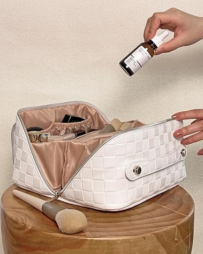 Miniatura 8 de stona Bolsa de maquillaje de viaje para mujer, de piel sintética, de gran capacidad, impermeable, a cuadros, bolsa portátil para artículos de aseo