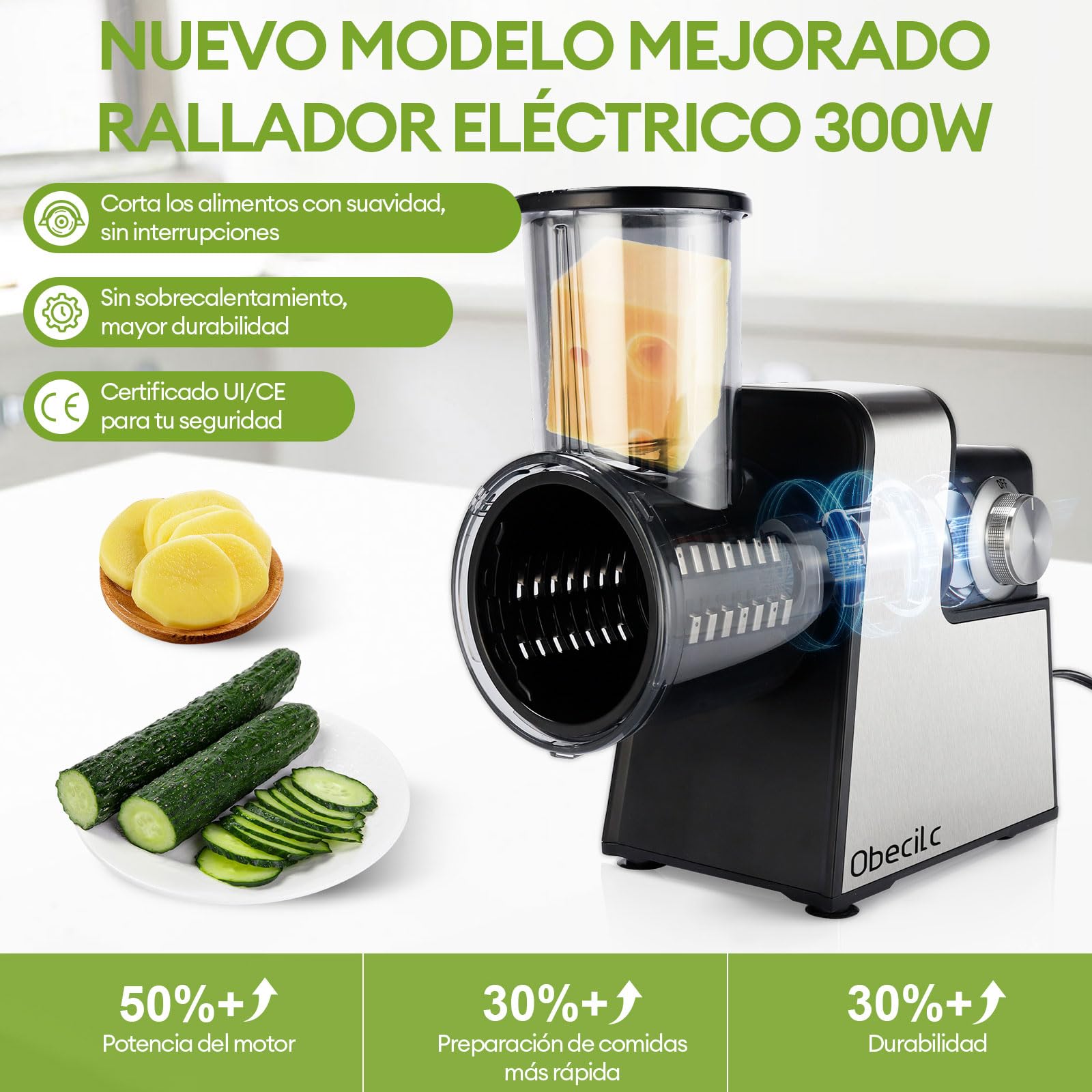 Rallador de queso eléctrico con 7 cuchillas de acero inoxidable para cortar rallador y triturar verduras frutas y nueces con un solo toque