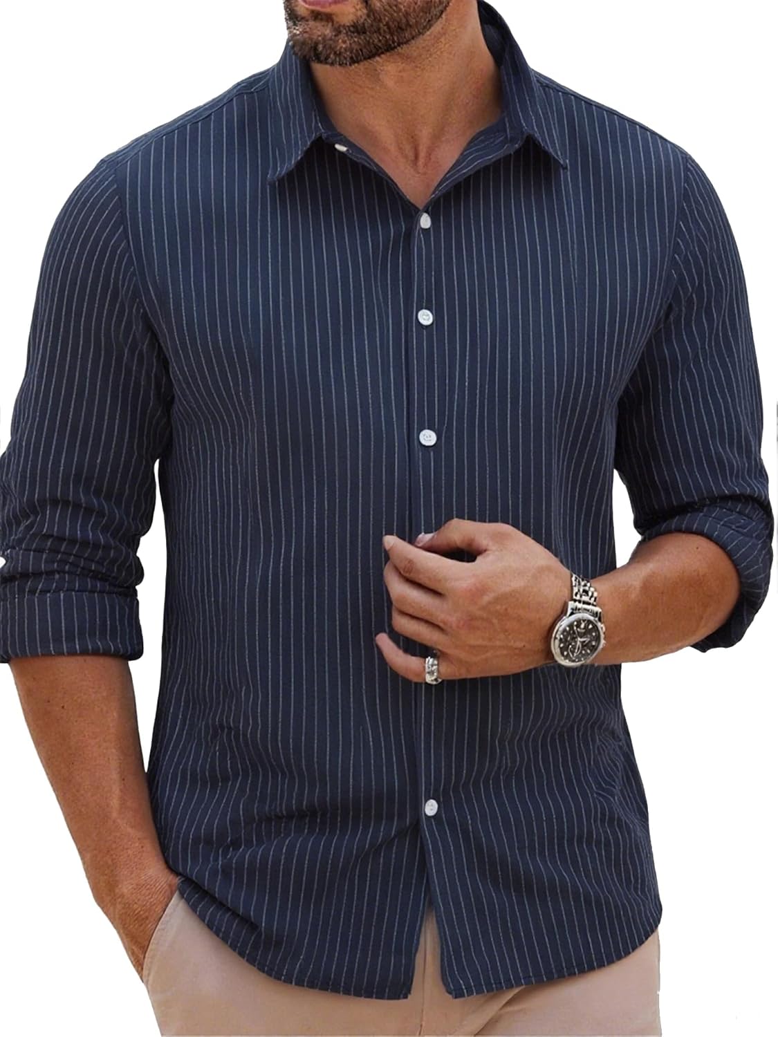 BAYAMO Men's Button-Down Striped Shirts Casual Long Sleeve Cotton Linen Collared Shirts Fashion Business Dress Shirt