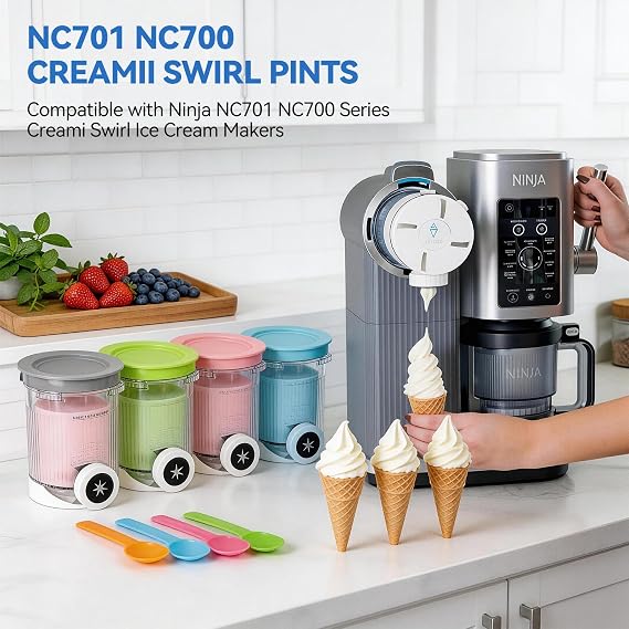 Shearly 4 Pack for Ninja Creami Swirl Pints and Lids Compatible with Ninja NC700 Series, NC701, NC701C, Creami Containers for Swirl Ice Cream & Soft Serve Makers, BPA-Free, Dishwasher Safe