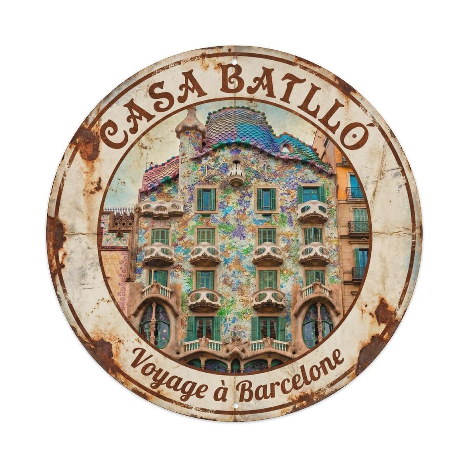 Barcelona Modernist Facade Voyage Vintage Catalan Travel Metal Tin Sign Plaque Wall Decor for Cafe, Man Cave, Club Bar, Office, Home Garden Round Metal Poster 8x8Inch