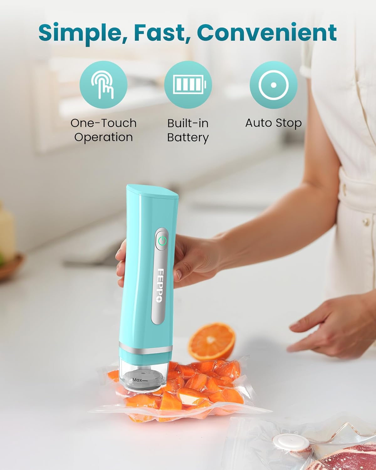 FEPPO Vacuum Sealer for Food with Visible Water Tank, Handheld Saver Compact Vacuum Sealer Machine with 30 Reusable Bags for 6X Preservation & Fresh, Teal - Image 4