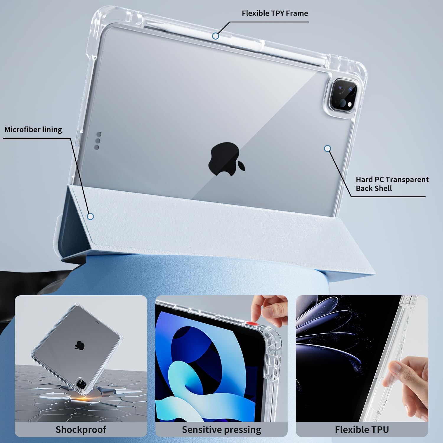 Case for iPad Air 13 Inch M3/M2 (2025/2024),iPad Pro 12.9 inch 2022/2021/2020 (6th/5th/4th Gen) | 2-in-1 Removable Clear Back Cover | Wireless Pencil Charging | Auto Sleep/Wake,Sky Blue