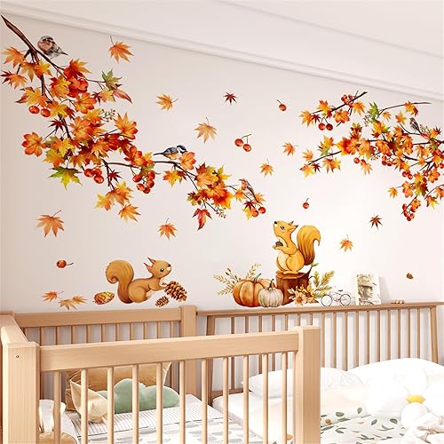 Miniatura 4 de Calcomanías de pared de hojas de arce de otoño y otoño, calcomanía de pared de pájaro de ardilla de arce, decoración de papel tapiz de granja,
