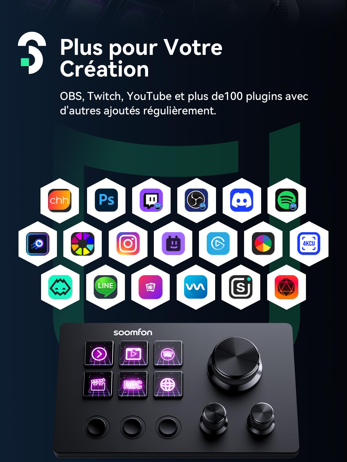 SOOMFON Stream Controller SE, Stream Studio Deck 6 LCD Touches Macro 3 Boutons 3 Potentiomètres, Production Console Deck Compatible PC/Mac, Production Contrôleur pour OBS/Streamlabs/Twitch/Youtube