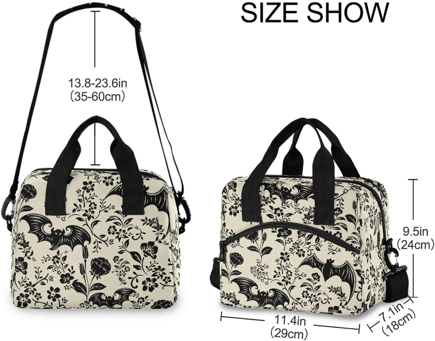 CBBYY Goth Bat Lunch Bags for Women Men, Reusable Insulated Lunch Box, Adjustable Shoulder Straps Tote Lunch Bag for Work Picnic School