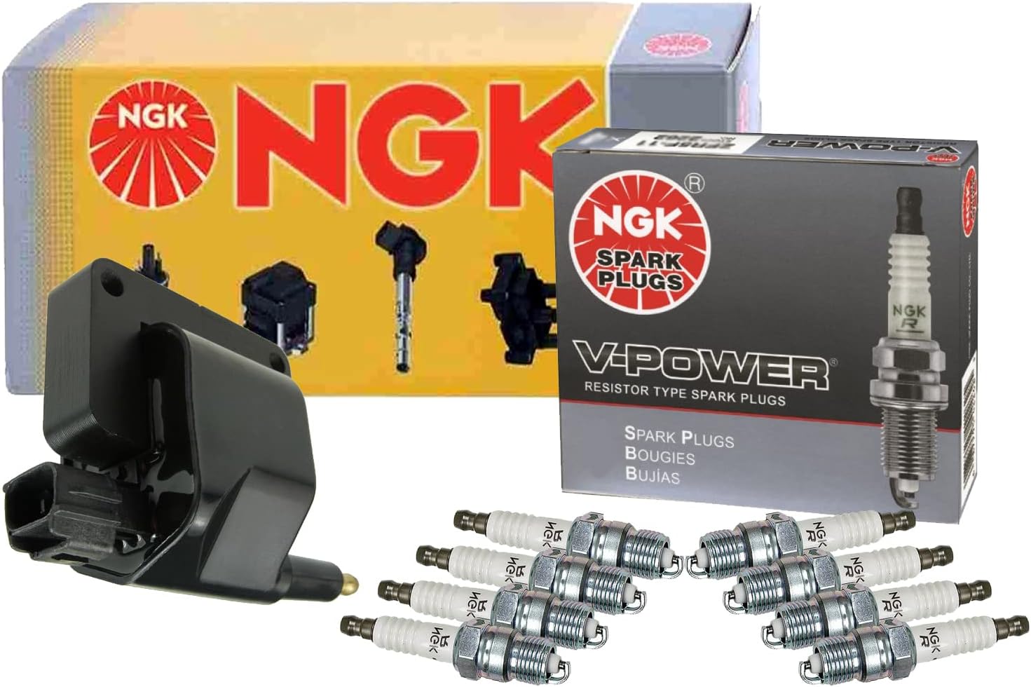 NGK HEI Ignition Coil & 8 V-Power Spark Plugs Kit For Dodge 5.2 5.9 V8