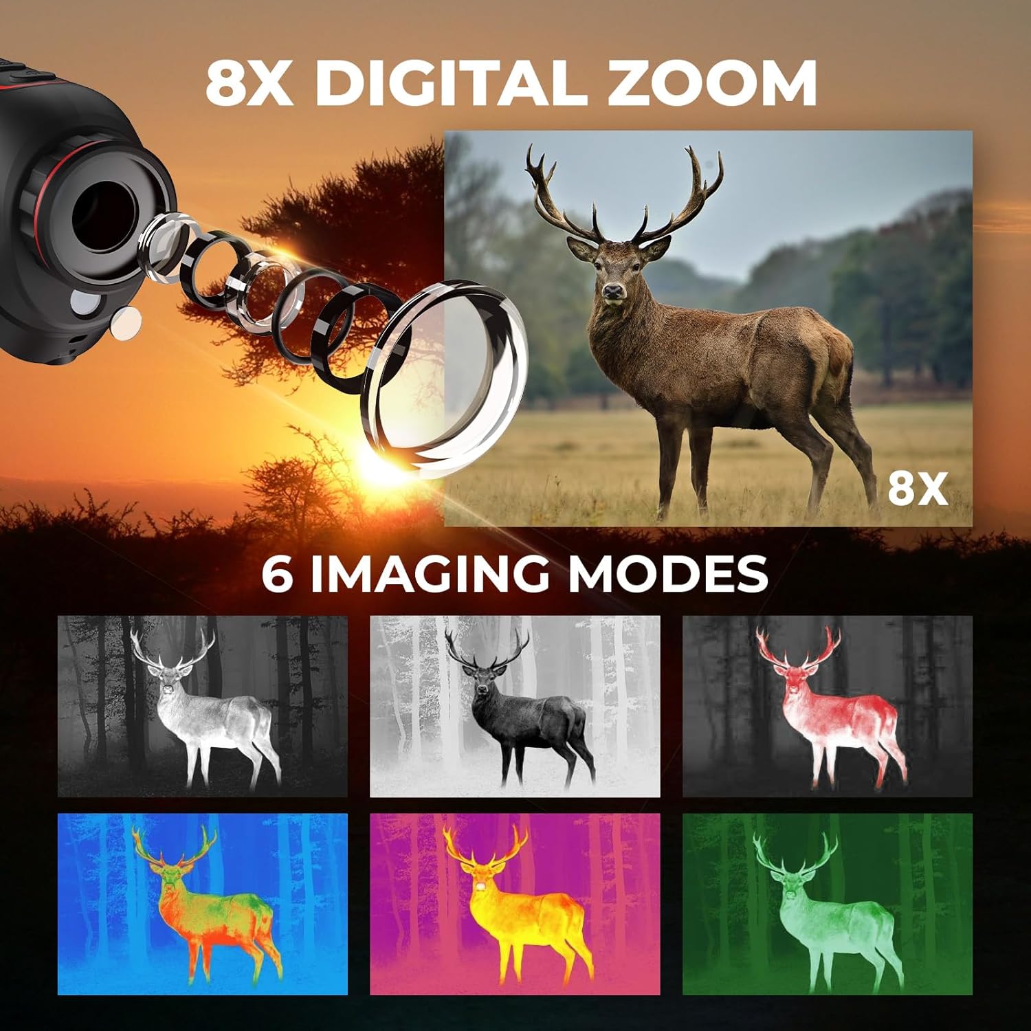 Examples of the six color palettes available on the thermal monocular