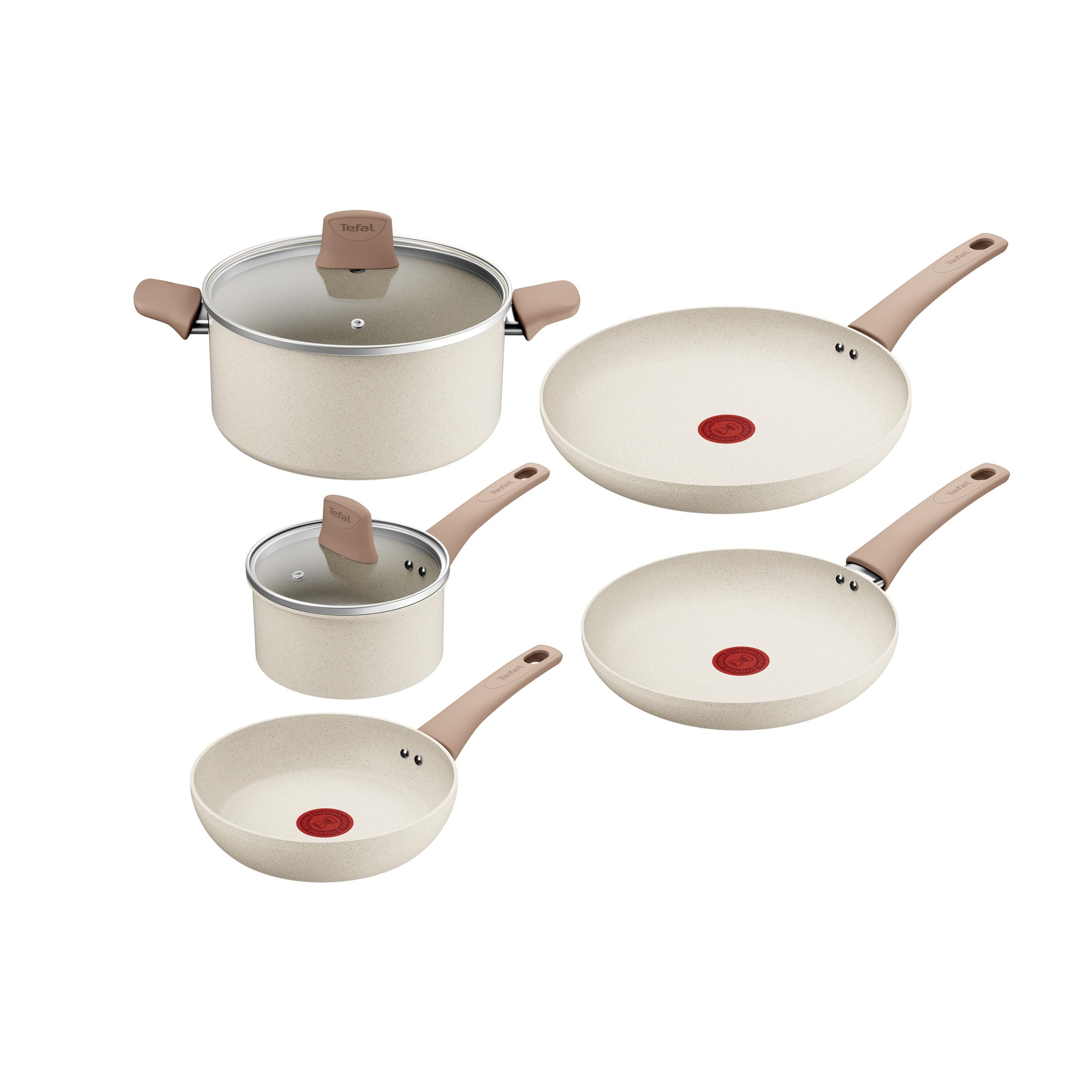 Tefal Stone White On 7-teiliges Kochgeschirr-Set, Mineralia+ Antihaftbeschichtung, Thermo-Signal, Thermo-Fusion-Boden, kompatibel mit allen Herdarten, Glasdeckel mit Dampföffnung, Weiß, G199S544