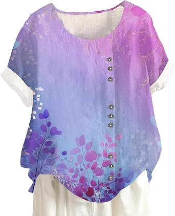 Womens Abstract Flower Graphic T-Shirts Crewneck Button Comfy Shirts Casual Wildflower Fashion Short Sleeve Top