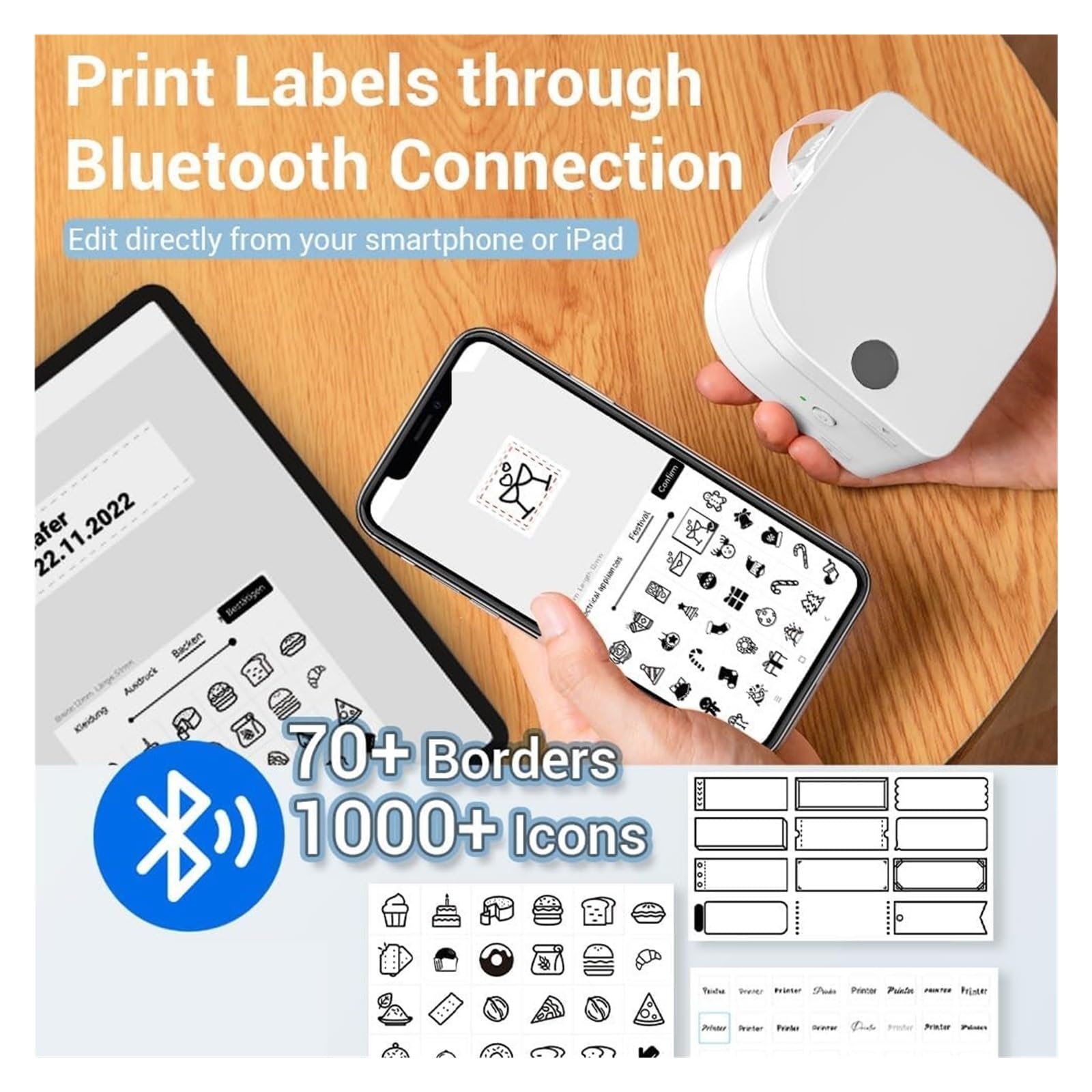 Termiczna Drukarka Etykiet Przenośna Drukarka Etykiet Bluetooth Druk Termotransferowy Z Ikoną Wielu Szablonów Do Przechowywania W Domu W Biurze(White)