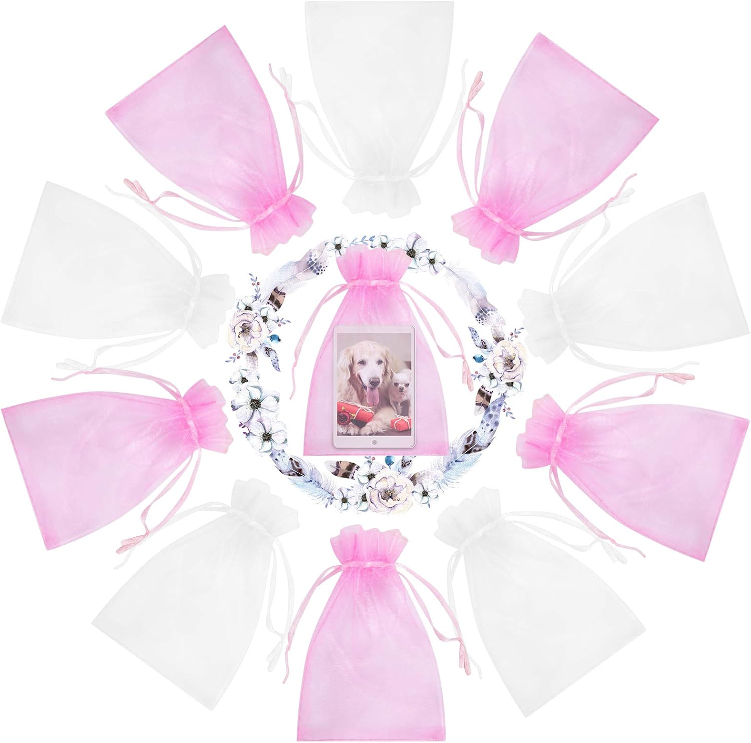50pcs Organza Bags 8 x 12 Inch Jewelry Bags Drawstring Gift Sachet Bags,Sheer Jewelry Pouches, Wedding Party Christmas Favor Gift Bags (White+Pink)