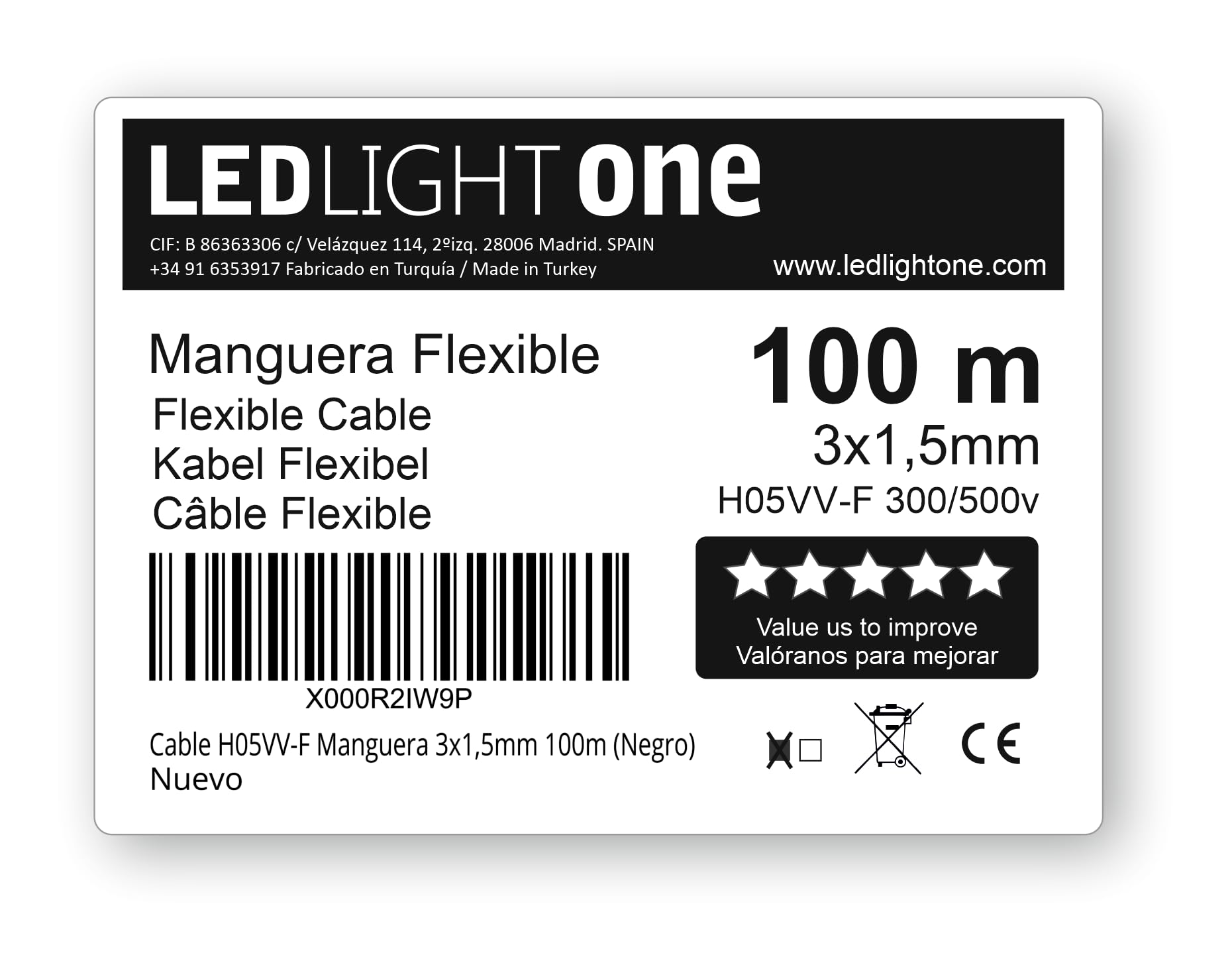 Cable Eléctrico H05VV-F Manguera 3x1,5mm 100m Negro, Tensión de Servicio 500v, Temperatura Máxima de Trabajo 70º, para Instalaciones Fijas y Móviles en Locales Domésticos y Oficinas