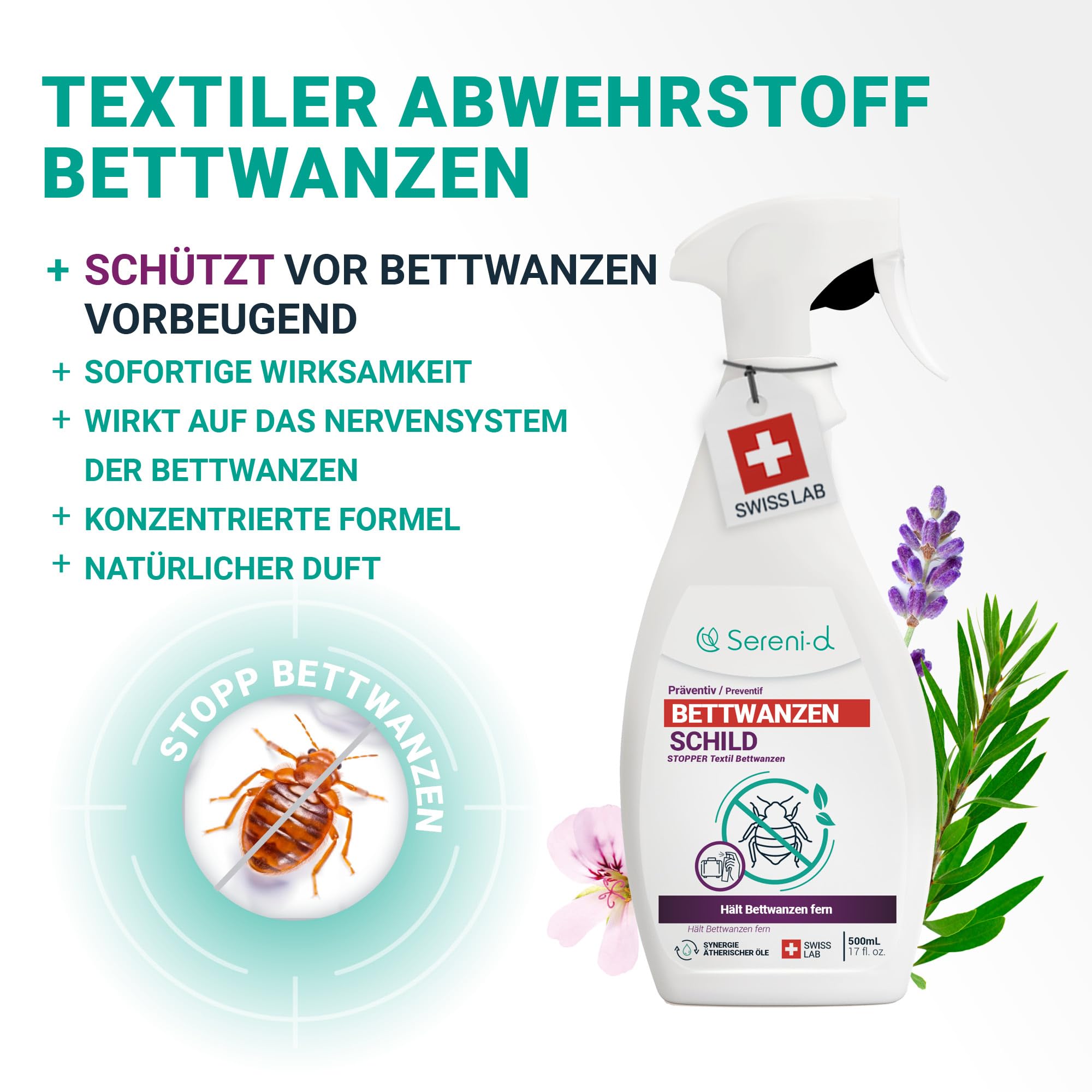 Sereni-d Anti-Bettwanzen-Spray 500 ml – Abwehrspray gegen Bettwanzen – Hochwirksam und im Labor getestet – Swiss Lab