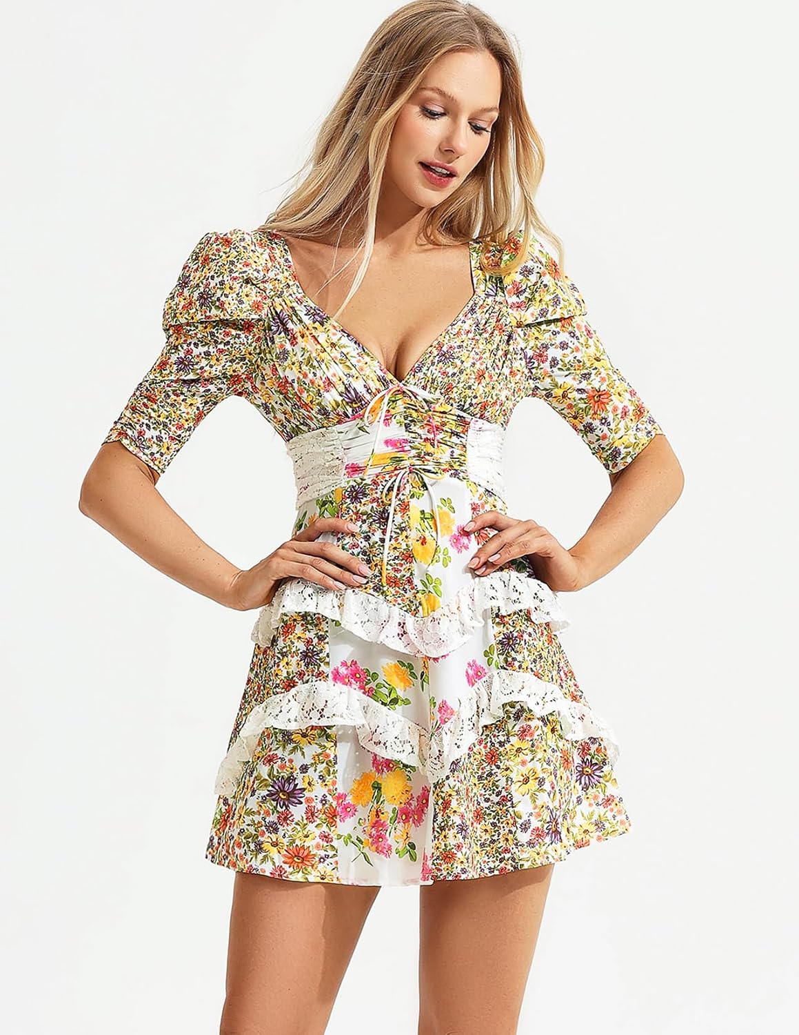 Jardinvue Multi Ruffle Mini Floral Dress for Women - V Neck Tiered Dress
