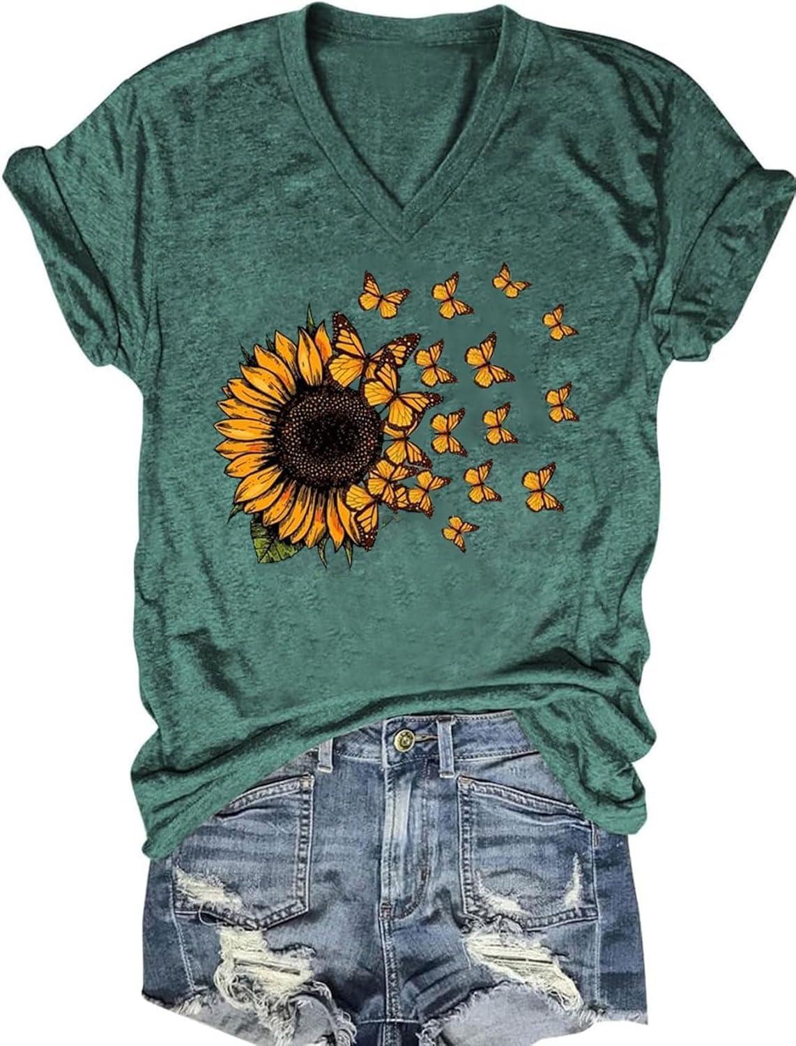 Vintage Flowers V Neck Shirt for Women Boho Floral Wildflowers Graphic Tee Casual Summer Vacation Beach Short Sleeve T Shirt