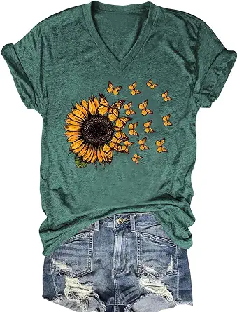 Vintage Flowers V Neck Shirt for Women Boho Floral Wildflowers Graphic Tee Casual Summer Vacation Beach Short Sleeve T Shirt