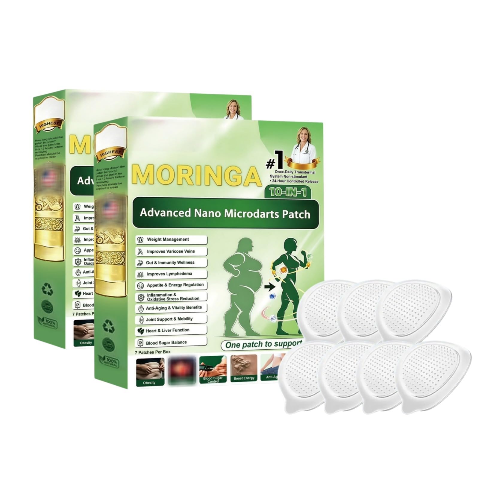Moringa 10 in 1 Patches,Advanced Nano Microneedle Patch, Patch dimagrante naturale per perdita di peso, pancia piatta, facile da applicare, invisibile, da uomo e donna, patch per tutti i tipi di corpo