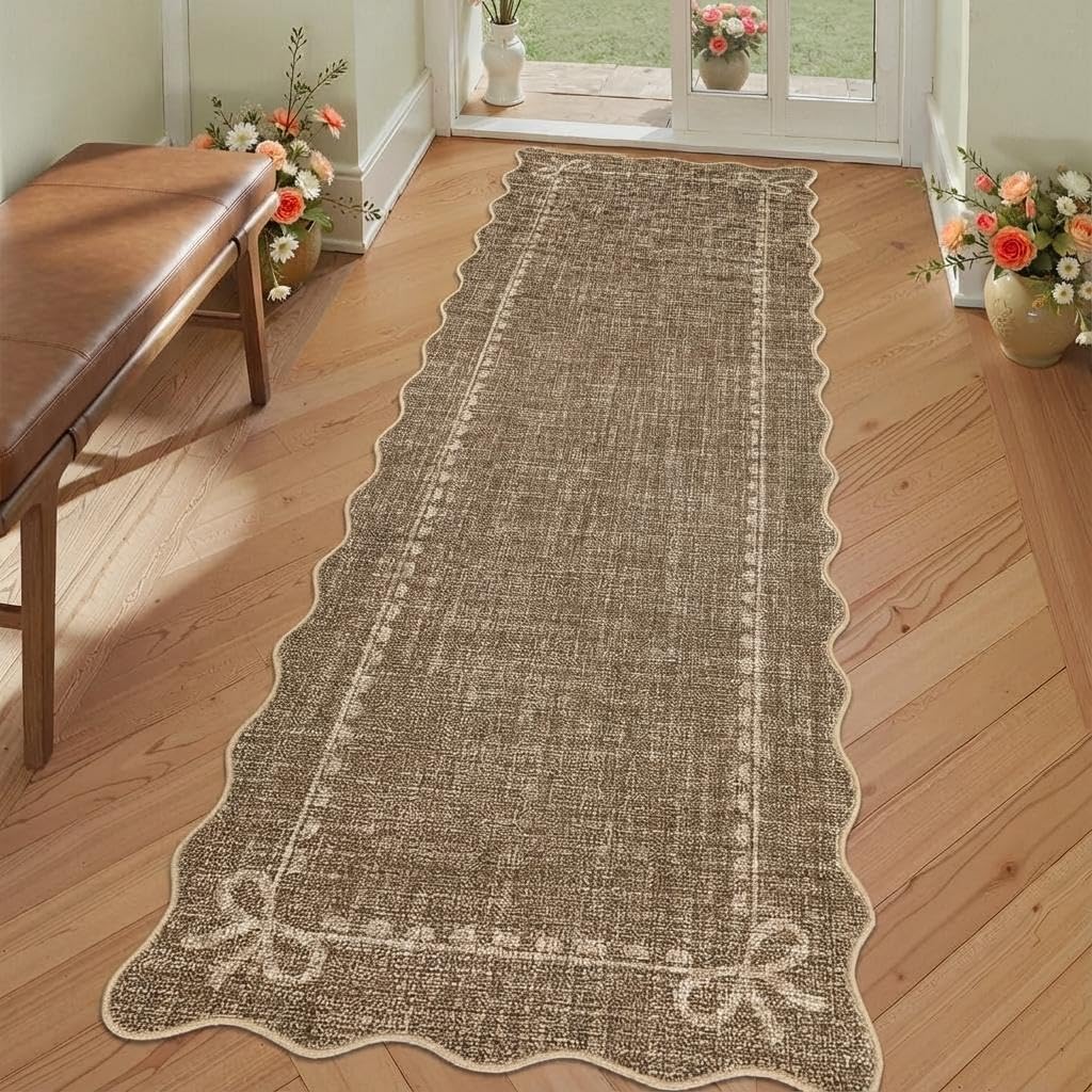 CAROMIO Scalloped Bow Runner Rug 60x180 cm, Ultra Thin Machine Washable Hallway Runner, Low Pile Non Slip Floor Mat for Kitchen Bedroom Entrance, Brown โ image 1