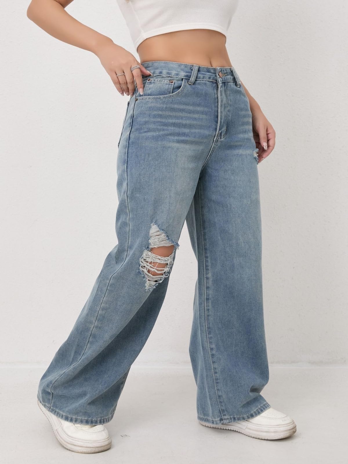 Jeans Donna Strappati A Gamba Retta, Comodi, Eleganti E Versatili per Le Donne -Blu Chiaro-l